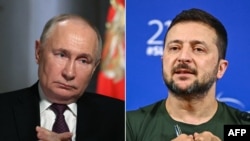 Украина президенті Владимир Зеленский (оң жақта) мен Ресей президенті Владимир Путиннің суреттерінен коллаж