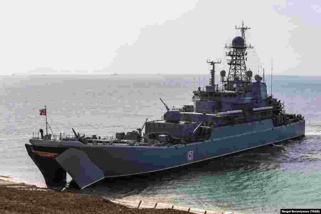 The Novocherkassk large landing ship as seen during strategic drills in 2016. The Ukrainian Air Force said air strikes on the Novocherkassk in the Crimean port of Feodosia on December 26 heavily damaged the ship. The Russian Defense Ministry acknowledged that the ship had been struck. The training ship UTS-150 was also damaged and partially sunk, RFE/RL's Russian Service reported.