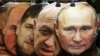Маски із зображенням президента Росії Володимира Путіна, очільника ПВК «Вагнер» Євгена Пригожина, голови Чечні Рамзана Кадирова та Олександра Лукашенка (справа наліво) у сувенірній крамниці. Петербург, Росія, 5 червня 2023 року 