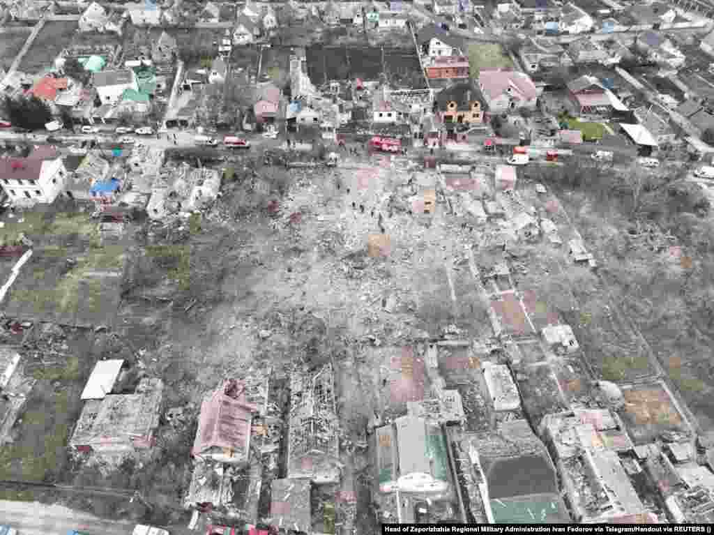An aerial photo from the Ukrainian press service shows the scale of the destruction caused by the Russian missile strike. 