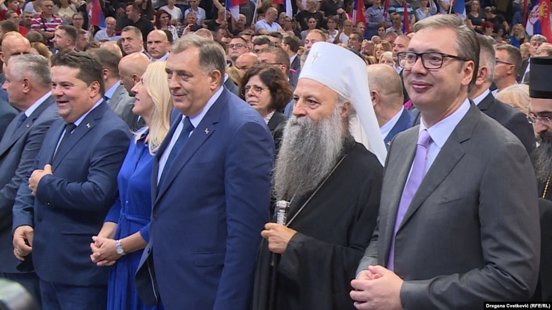 Nenad Stevandić, Željka Cvijanović, Milorad Dodik, patrijarh Porfirije i Aleksandar Vučić tokom proslave "Dana srpskog jedinstva" u Nišu, 15. 9. 2023.