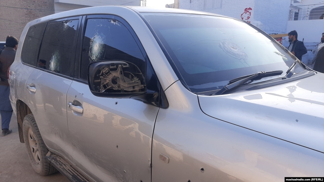 Pakistani lawmaker Mohsin Dawar's car after it was attacked while campaigning in Khyber Pakhtunkhwa Province ahead of upcoming parliamentary elections. 