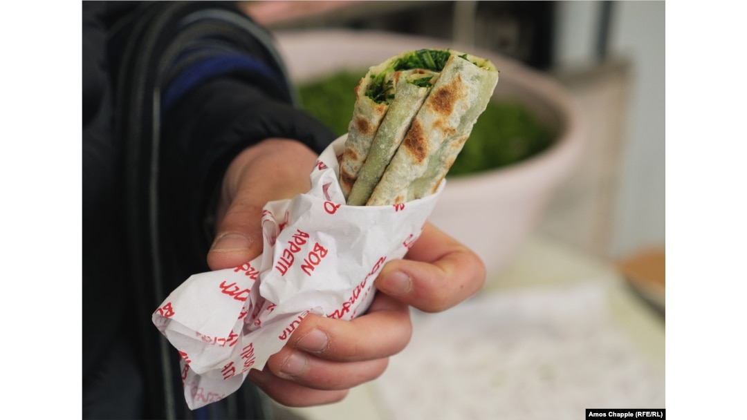 A jingalov hat folded into a takeaway package in Abovyan, north of Yerevan.