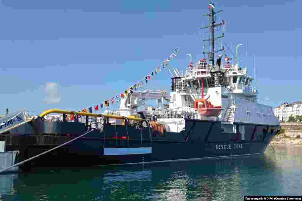 The Veliky Bekh rescue tug in port in Sevastopol, Crimea, in June 2021 Ukraine announced it had destroyed the tug in the Black Sea in June 2022 as the vessel was allegedly ferrying supplies to Russian-occupied Snake Island. The tug was hit with two Harpoon anti-ship missiles. A memorial to the to the crew of the tugboat, several of whom were reportedly civilian, was unveiled in Sevastopol in June 2023. The ship was designed to tow stricken vessels, fight fires, and serve as a base for rescue diving operations. It was launched in 2016. 