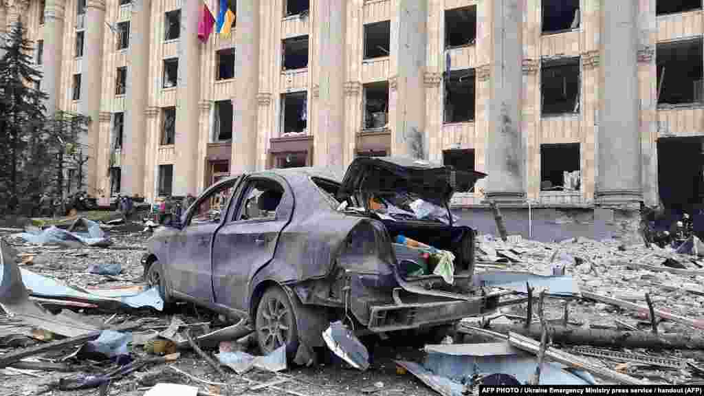 The square outside the headquarters of the Kharkiv administration after it was shelled on March 1.