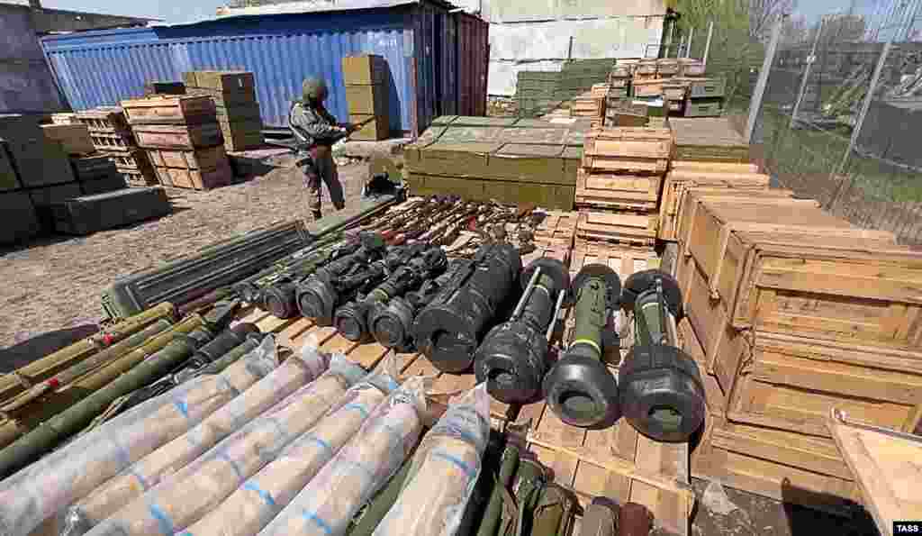 Western anti-tank weapons are displayed in an arms depot that the Russian Defense Ministry says was captured by Russian troops. The photo was released on April 27. 