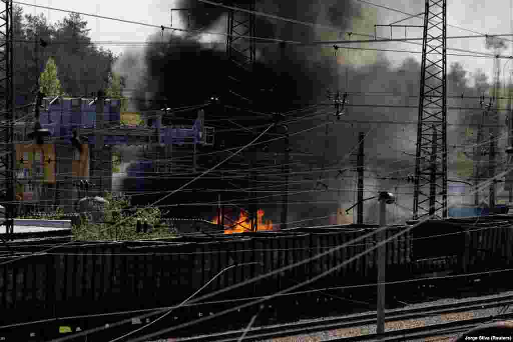 The aftermath of a military strike near a railway station in Lyman in the Donetsk region on April 28. 