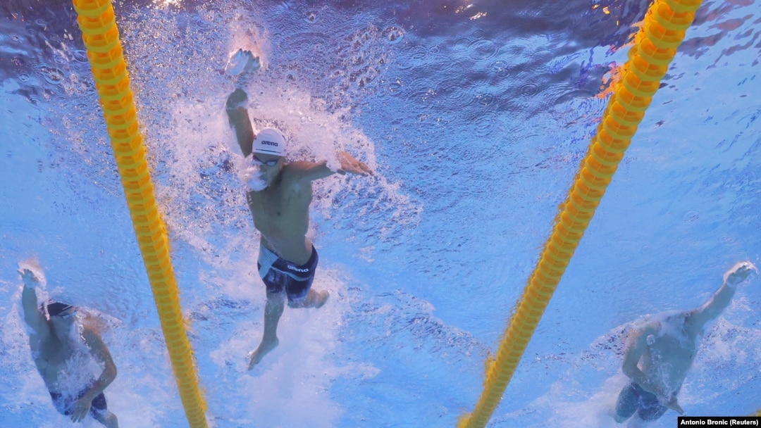 Swimmers compete in the men's 200-meter freestyle semifinal at the FINA World Championships in Budapest in June 2022.
