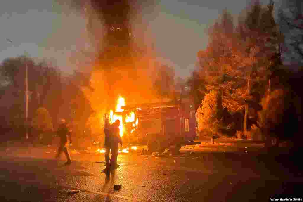 A fire truck burns in Almaty on January 5. 