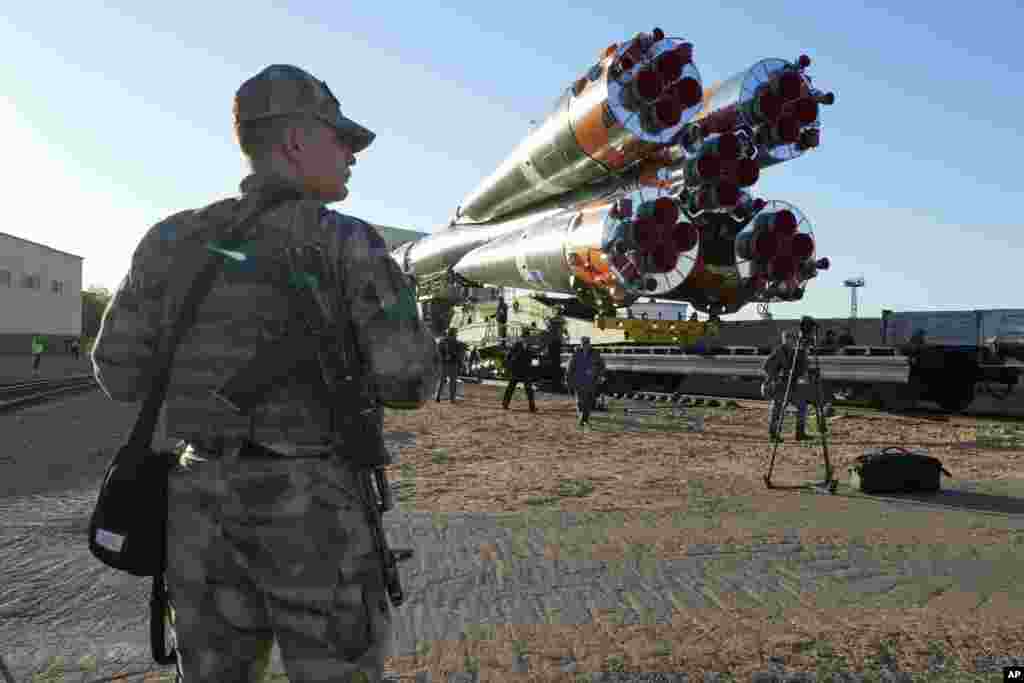 The rocket, after being hauled to the Russian-leased Kazakh space complex, is ready for its placement on the launch pad.