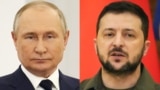 COMBO – Ukrainian President Volodymyr Zelenskyy (R) in Kyiv, Ukraine, on May 8, and Russian President Vladimir Putin at the Kremlin in Moscow, on April 26, 2022