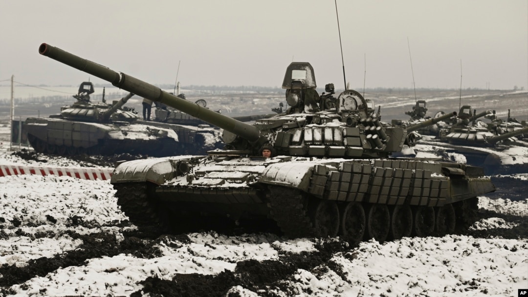 Russian T-72B3 tanks take part in drills at a firing range in the Rostov region, which borders Ukraine. 