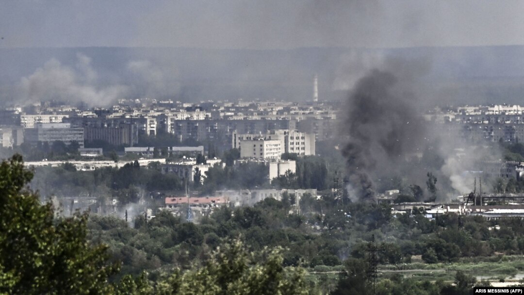 Smoke and dirt rise from the city of Syevyerodonetsk during fighting between Ukrainian and Russian troops on June 17.
