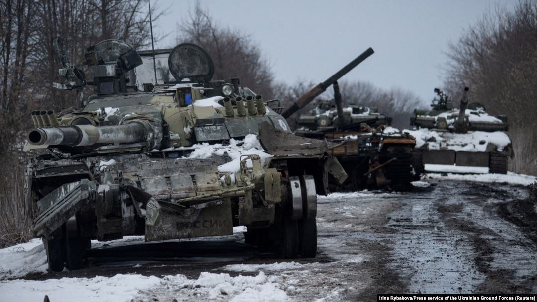 Destroyed Russian tanks are seen in the northeastern Sumy region of Ukraine last month.