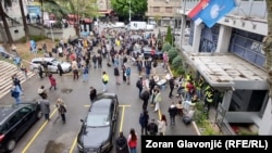 Student protesters form a blockade outside Radio Television of Serbia in Belgrade on April 15. 