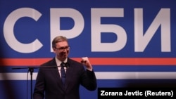 Serbian President Aleksandar Vucic speaks to supporters in Belgrade on April 12.