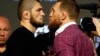 Khabib Nurmagomedov (left) and Conor McGregor face off during a press conference for UFC 229 at Radio City Music Hall in New York late last month. 