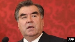 Tajik President Emomali Rahmon holds a press conference in Vienna on June 7.