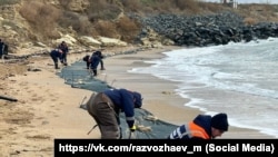 Представники російської рятувальної служби Севастополя встановлюють на узбережжі перешкоди для мазуту з російських танкерів, які зазнали аварії в Керченській протоці 15 грудня 2024 року, 17 січня 2025 року