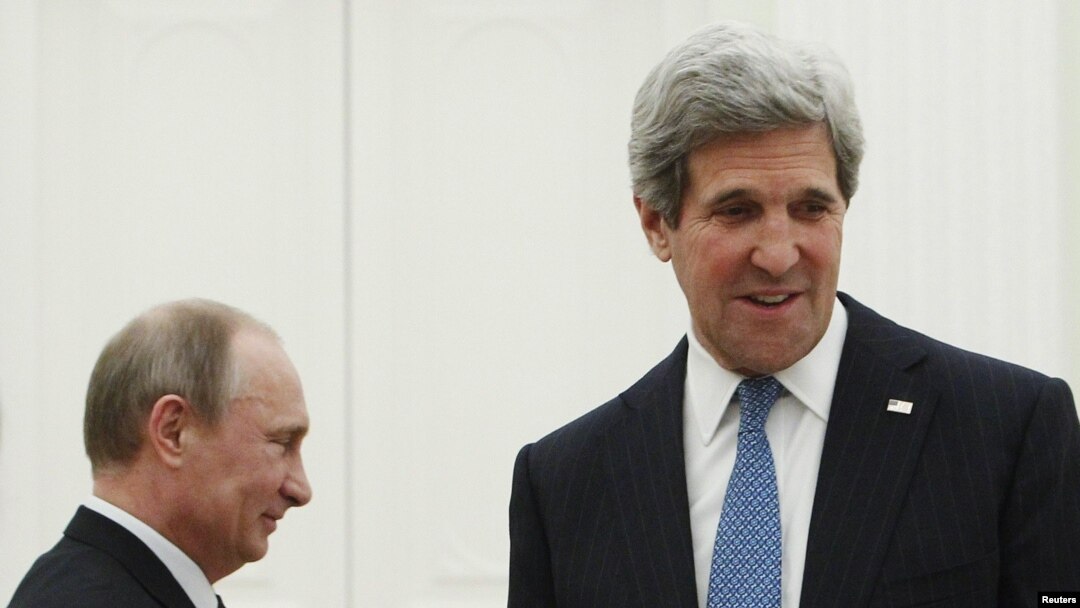  Russia's President Vladimir Putin (left) and U.S. Secretary of State John Kerry arrive for their meeting in Moscow on May 7.