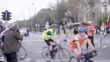 Serbian cycling protesters arrive in Budapest on April 5 on their two-week, 1,300 kilometer ride to the EU Parliament in Strasbourg, France.