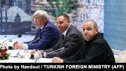 Ukrainian Foreign Minister Andriy Sybiha (left), Head of the Office of the President Andriy Yermak (center), and Ukrainian Defense Minister Rustem Umerov attend negotiations with a Russian delegation in Turkey on May 16.