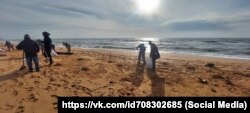 Волонтеры чистят побережье Опукского заповедника от мазута с российских танкеров, потерпевших крушение в Керченском проливе, 8 января 2025 года