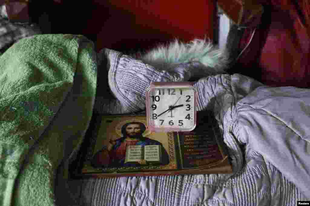 Personal items belonging to internally displaced persons evacuated from eastern frontline areas are seen at a temporary shelter in Pavlohrad in Ukraine's Dnipropetrovsk region.