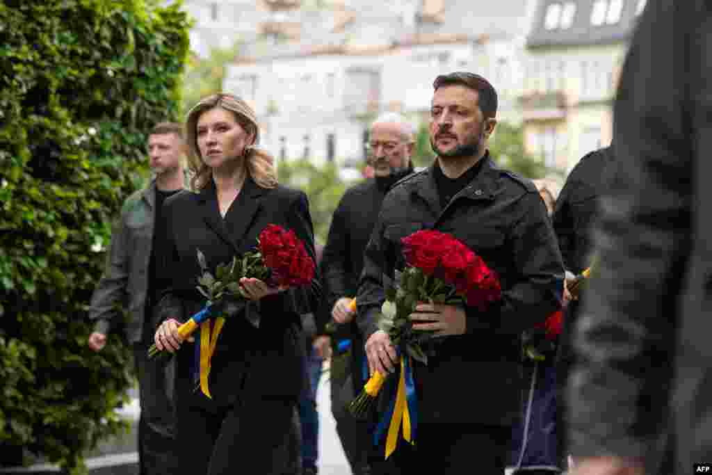 Ukrainian President Volodymyr Zelenskyy and first lady Olena Zelenska attend a ceremony to commemorate the fallen of World War II as part of the Day of Remembrance and Victory over Nazism in Kyiv on May 8.