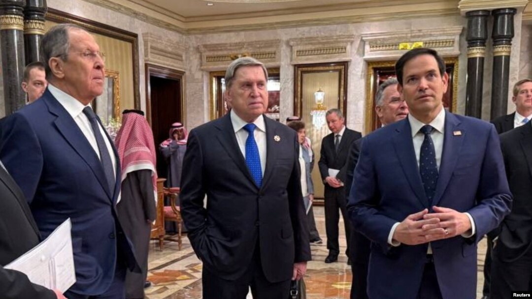 U.S. Secretary of State Marco Rubio (right), Russian Foreign Minister Sergei Lavrov (left), and Russian President Vladimir Putin's foreign policy adviser Yury Ushakov attend talks in Riyadh on February 18. 