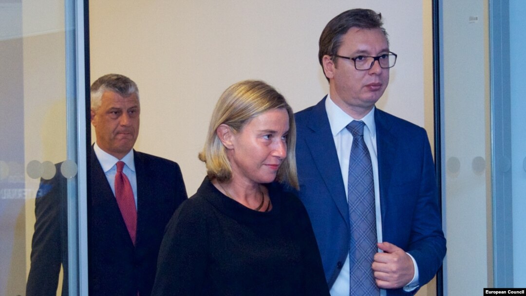 Hašim Tači, Federika Mogerini i Aleksandar Vučić