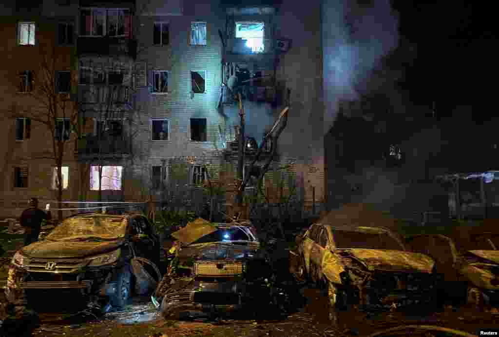 The aftermath of a Russian drone strike on the Ukrainian city of Kharkiv on April 3.